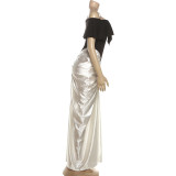 Pleated Contrast Color Short Sleeve Maxi Dress XEF-K25D82217