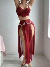 See Mesh Pearl Chain Lingerie Skirt Set GAXL-DZ07