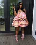 Layered Print Fishbone Halter Mini Dress GTJR-RC3168