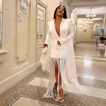 Deep V Neck Long Sleeve Tassel Mini Dress GHXF-HX0203