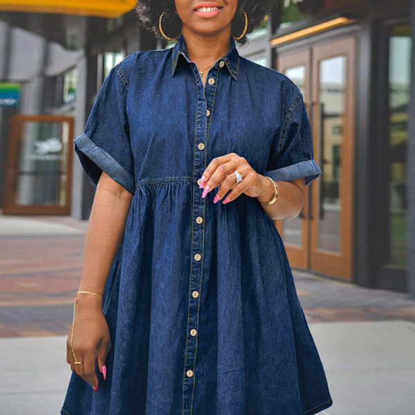 Plus Size Short Sleeve Slim Denim Loose Mini Dress GDAM-218662