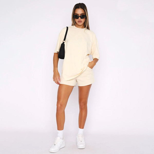 Short Sleeve Solid Two Piece Shorts Set SSNF-211299
