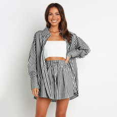 Stripe Long Sleeve Shirt Two Piece Shorts Set SSNF-211032