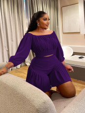 Plus Size Pleated One Shoulder Two Piece Short Set NNWF-8067