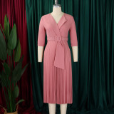 Plus Size Blazer Neck Solid Color Pleated Midi Dress GMLF-3291