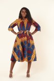 Print 3/4 Sleeve Sim Belt  Shirt Dress XHXF-YS902