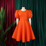 Plus Size Puff Sleeve A-Line Midi Dress GMLF-3178