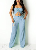 Solid Color Wrap Chest Loose Two Piece Pants Set XHXF-8593