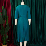 Plus Size Blazer Neck Solid Color Pleated Midi Dress GMLF-3291