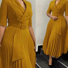 Plus Size Blazer Neck Solid Color Pleated Midi Dress GMLF-3291