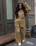 Plus Size Zipper  Hooded Wide Leg Pants Suit NY-3766