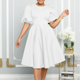 Plus Size Puff Sleeve A-Line Midi Dress GMLF-3178