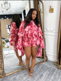 Print Long Sleeve Ruffles Two Piece Shorts Set MDF-L5553