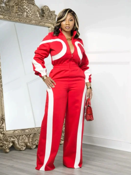 Color Block Zipper Loose Two Piece Pants Set GFDY-1364