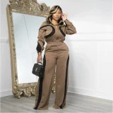 Color Block Zipper Loose Two Piece Pants Set GFDY-1364