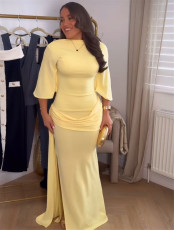 Solid Color Half Sleeve Backless Maxi Dress YUMT-YQ0042