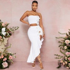 Solid Color Wrap Chest Tops Ruffles Skirt Suit GZIY-6230