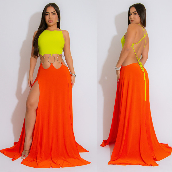 Contrast Color Patchwork Tie Up Maxi Dress GZIY-6188