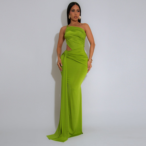Solid Color Single Shoulder Pleated Maxi Dress GZIY-ZY6238