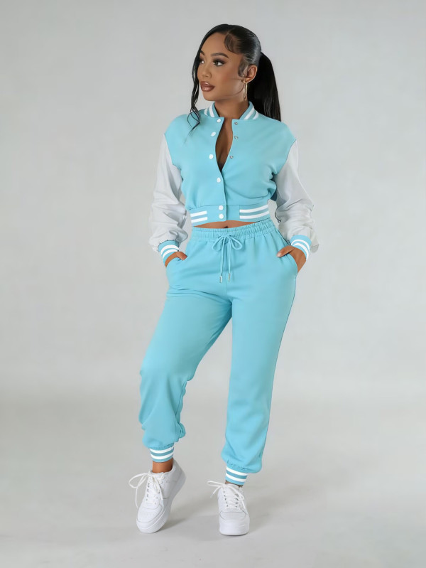 Color Block Long Sleeve Sport Two Piece Pants Set FENF-6007
