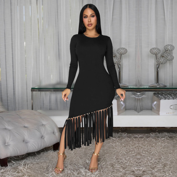 Solid Color Tassel Long Dress BY-7533