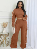 Solid Color Knits Tassel Two Piece Pants Set TK-6346