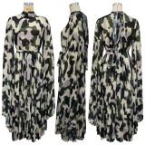 Camouflage Print Press Pleated Long Dress YF-20056
