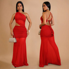 Slash Shoulder Mesh Backless Maxi Dress BY-7515