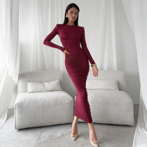 Long Sleeve O Neck Pleated Maxi Dress GAXB-D313DS