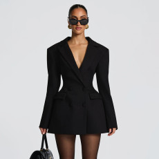 Solid Color Long Sleeve Blazer Dress GSZM-D25DS420