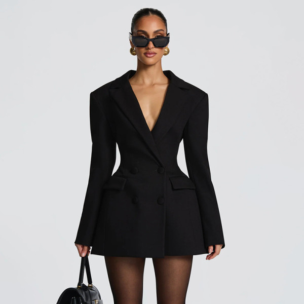 Solid Color Long Sleeve Blazer Dress GSZM-D25DS420