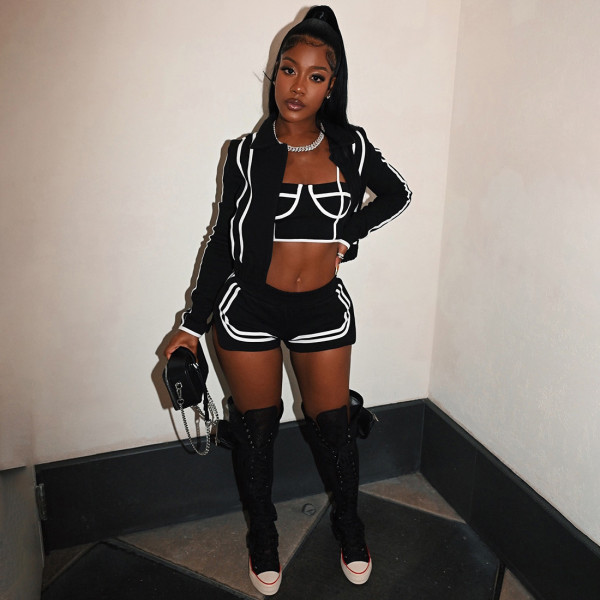 Fashion Long Sleeve Patchwork Three Piece Shorts Set DLSF-K25S82617