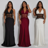 Lace V Neck Backless Maxi Dress BY-7546