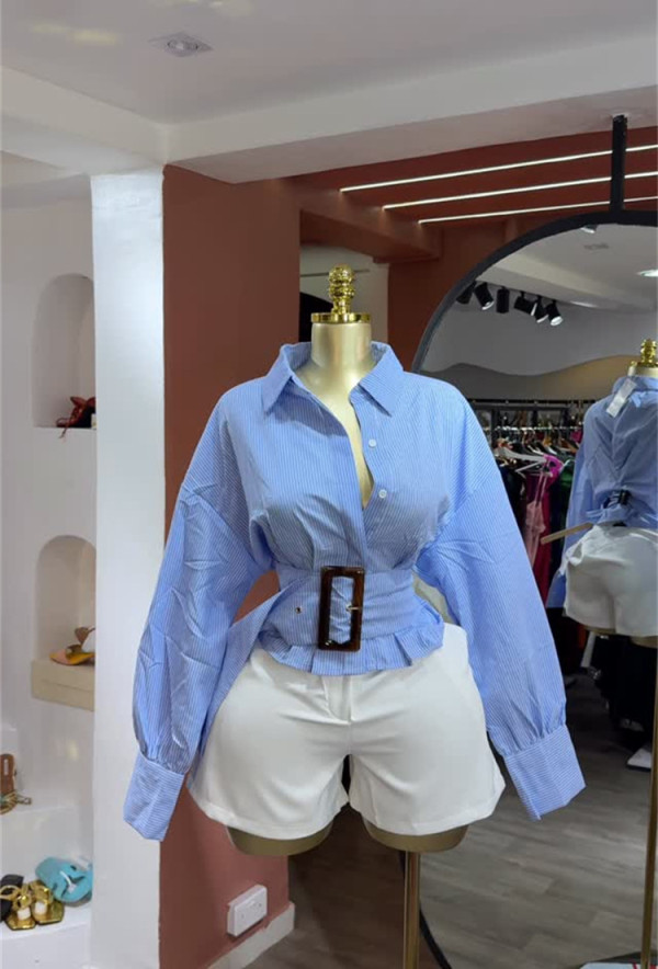 Strtipe Tie Up Long Sleeve Shirt GCNE-72982