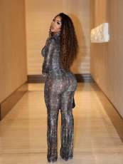 Mesh Print Long Sleeve Two Piece Pants Set MEM-88668