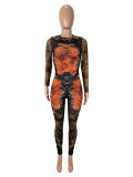 Print Long Sleeve Tight Two Piece Pants Set SHD-9562