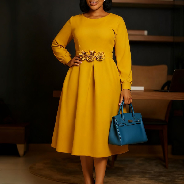 Plus Size Long-sleeve Floral  Solid Color Midi Dress GATE-602