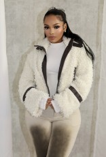 Faux Fur Collar Patchwork Leather Jacket with Lining YMEF-58015