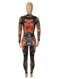 Print Long Sleeve Tight Two Piece Pants Set SHD-9562