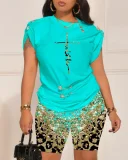 Plus Size Letter Print Short Sleeve Short Suit GSRX-9043