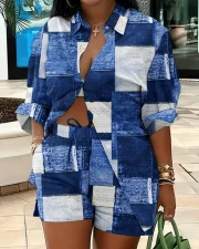 Plus Size Print Long Sleeve Shirt Two Piece Short Set GSRX-9060
