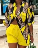 Plus Size Print Long Sleeve Shirt Two Piece Short Set GSRX-9060