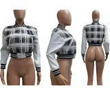 Plaid Print Thickened Patchwork PU Leather Jacket CM-9535