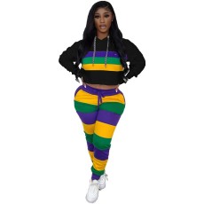 Sport Stripe Print Hooded Two Piece Pants Set GYXF-9099