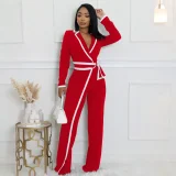 Color Block Long Sleeve Tie Up Jumpsuit QYMF-3249