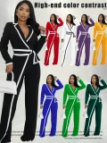 Color Block Long Sleeve Tie Up Jumpsuit QYMF-3249