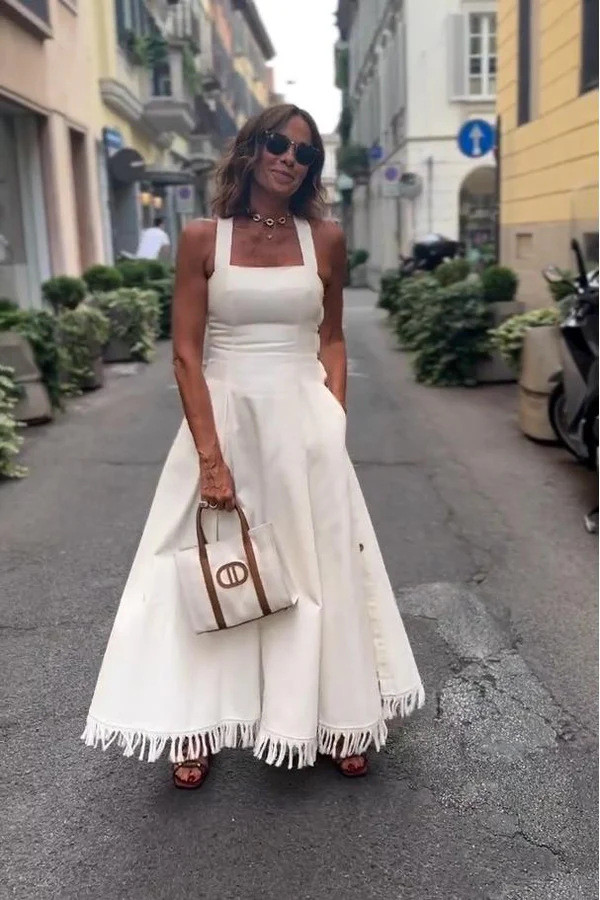 Solid Color Sling Tassel Maxi Dress GRNH-28830