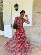 Print Slash Shoulder Pleated Maxi Dress GRNH-28836