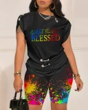 Plus Size Letter Print Short Sleeve Short Suit GSRX-9043