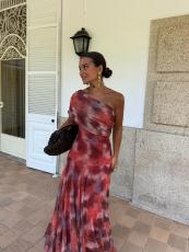 Print Slash Shoulder Pleated Maxi Dress GRNH-28836